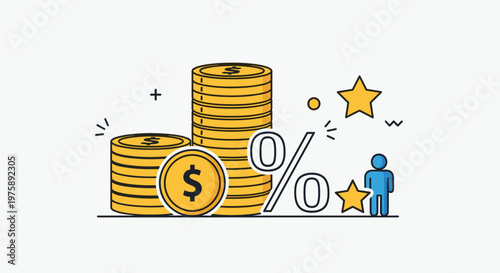 Financial graphic showing stacks of gold coins, a large percentage symbol, a star, and a human figure for success.