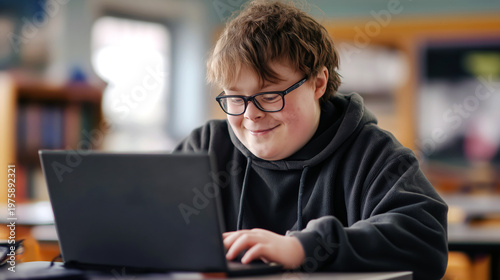 Teenager with Down syndrome using a laptop in a classroom, education and inclusion concept, realistic school setting