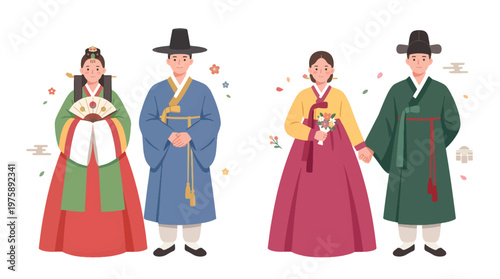 Korean Traditional Wedding Couple Hanbok Flat Vector Illustration
