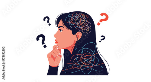 Confused woman with tangled colorful lines in her head and floating question marks symbolizing mental struggle and doubt.