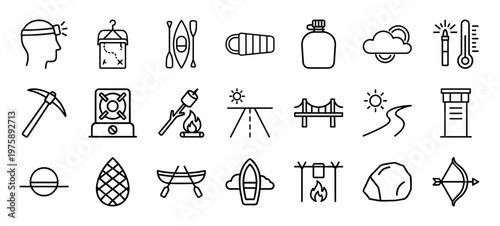 Minimalist camping and outdoor adventure line icons on grid