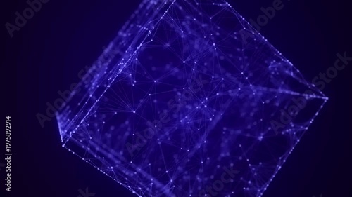 Abstract wireframe cube. Network connection structure. Digital blockchain concept. Futuristic blue background with dots and lines. 3D rendering.