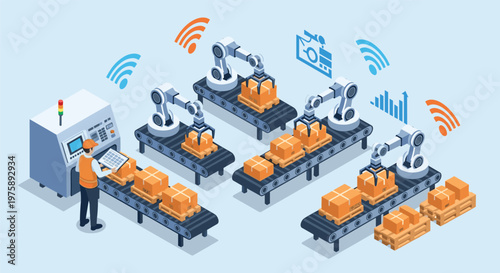Modern automated factory floor with robotic arms moving boxes on conveyor belts controlled by a professional operator.