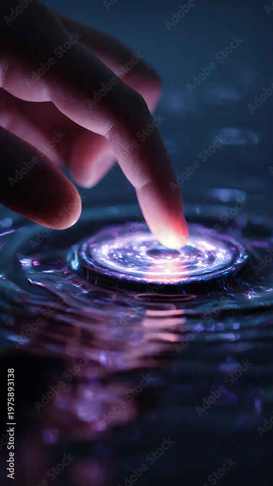 Obraz premium Hand touching glowing blue holographic interface on water surface at night