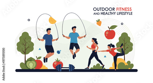 Healthy lifestyle illustration of people jumping rope, running, and doing yoga surrounded by fresh fruits and vegetables.