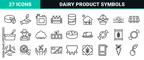 Organic agriculture and dairy farm line icons set