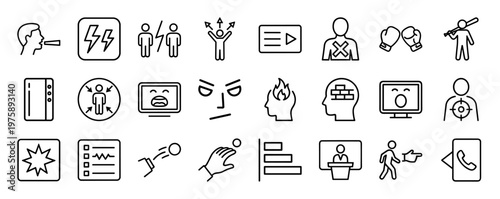 Aggression and conflict line icons set with angry emotions and human silhouettes.