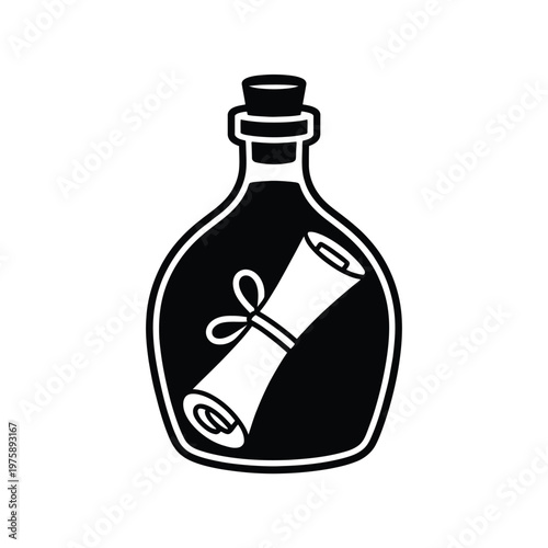 A black and white illustration of a bottle containing a rolled message