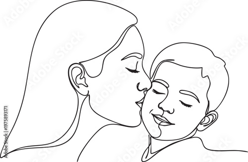 Mother kissing son on the cheek continuous line drawing art with minimalist