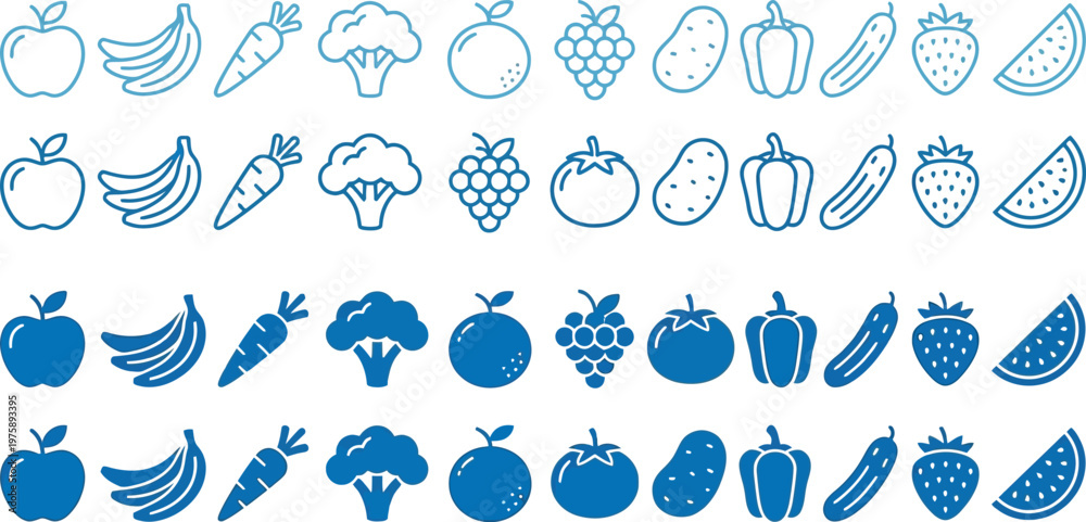 Fototapeta premium Blue icons of various fruits and vegetables in different shades and styles on white background