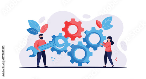 Male and female engineers collaborating to fix a technical problem using a large wrench and blue and red interconnected gears.