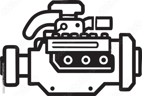 A mechanical device with a curved tube and cylindrical components is shown in a detailed illustration.