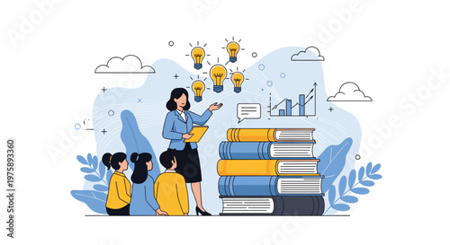 Female professor giving an educational lecture to a group of students with light bulbs symbolizing new ideas and knowledge.