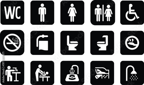 Collection of various restroom and toilet icons on white background