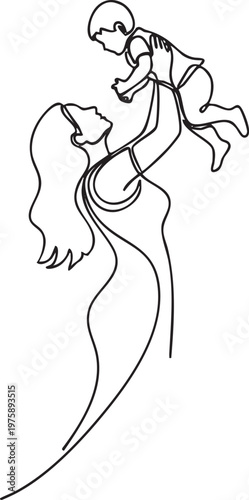 Mother lifting baby up in the air continuous line art drawing with happiness