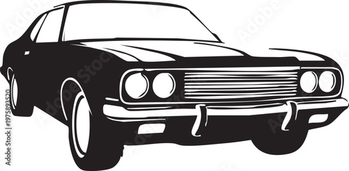 A sleek black vintage car illustration shows the front end with chrome accents.