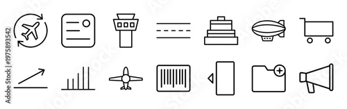 Aviation and airline travel minimalist outline icon set