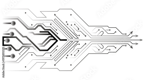 An abstract representation of a digital circuit board with intricate electronic pathways. Ideal for technology, data, and innovation themes in marketing and design.