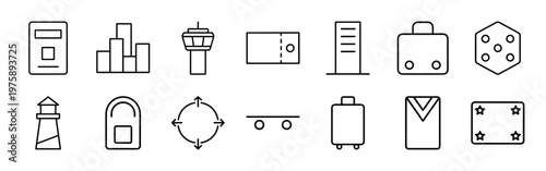 Minimalist airline and airport line icons for travel services and flight booking apps.