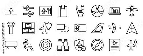 Minimalist aviation and airplane flight outline icons in grid layout