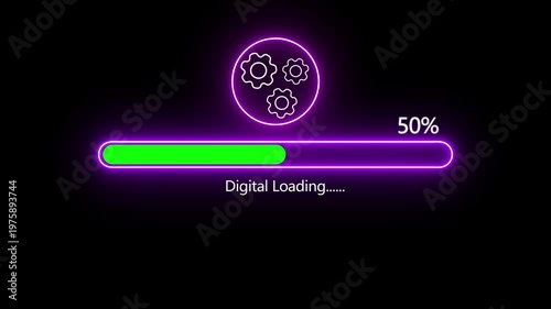 Vibrant Neon Loading bar downloading bar loading screen pixelated progress animation Loading Transfer Download 0-100%. Neon loading bar cyberpunk style