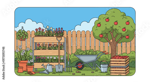 Beautiful backyard garden scene featuring a large apple tree, blooming flowers in pots, and various gardening tools.