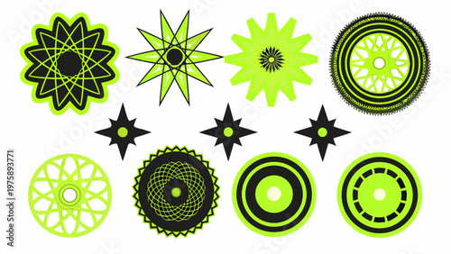 A set of neon green and black geometric shapes and symbols