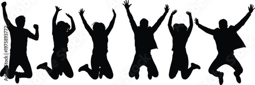 Six people jumping in air with hands up in celebration on white background