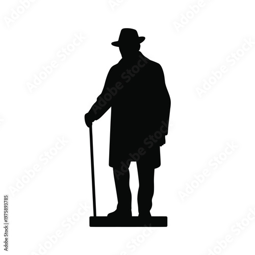 Silhouette of an elderly man with a hat and cane standing formally