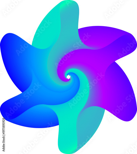 Abstract symmetrical spiral pinwheel design with six curved rainbow petals radiating from central point