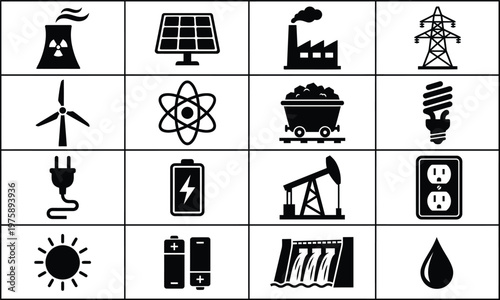 Collection of black icons related to energy sources and industrial technology on white background