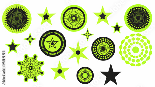 A set of neon green and black star and circle vector graphics