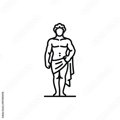 Simple line drawing depicts a classical male figure in a draped pose