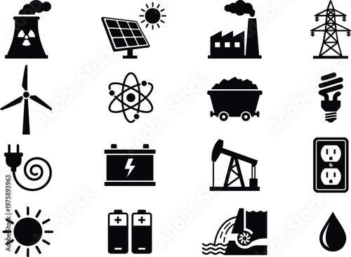 Collection of various energy and power generation related icons and symbols on white background