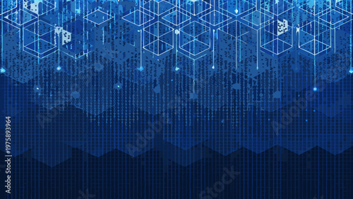 A futuristic blue graphic design with geometric shapes and lines