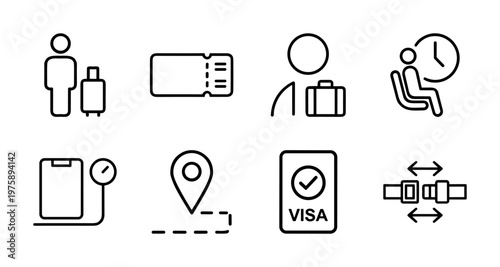 Minimalist airport and air travel line icons set