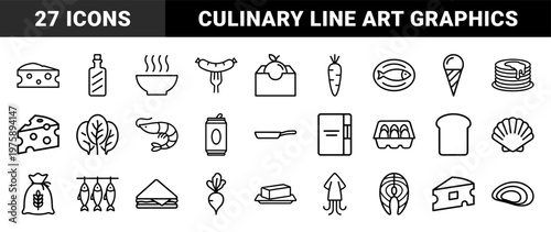 Food and grocery minimalist outline icons for restaurant and market