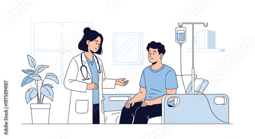 Friendly female doctor with a stethoscope talking to a young male patient sitting in a hospital bed during a checkup.
