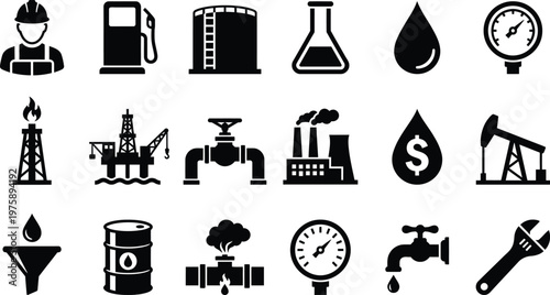 Black and white icons of oil and gas industry symbols and equipment tools