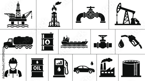 Collection of black oil and gas industry icons representing exploration production transportation and distribution processes
