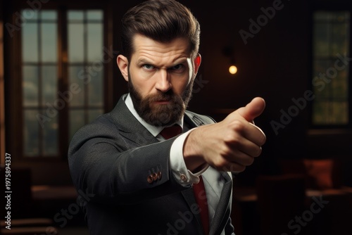 Serious bearded man in suit pointing finger and expressing disapproval