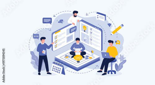 Creative team of professionals collaborating on a digital project planning board with checklists and task schedules.