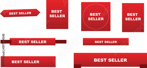Red best seller labels and badges set, 8 marketing vector elements for e-commerce, promotional sale stickers and retail product tags