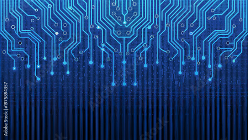 A blue circuit board with glowing lines and dots on a dark background