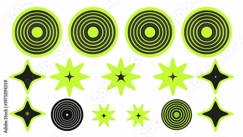 A set of neon green and black star and circle vector graphics icons