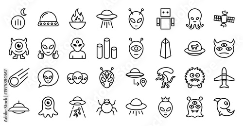 Alien and UFO minimalist outline icons for space exploration projects.