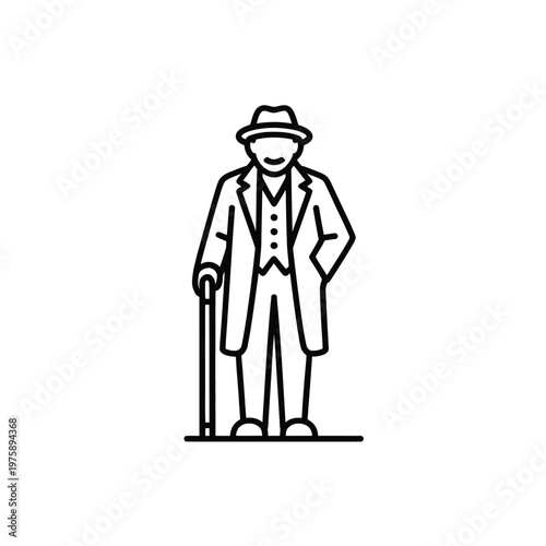 Simple line art illustration of an elderly gentleman with a cane