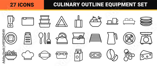 Minimalist kitchenware and food storage outline icon set