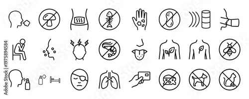 Medical allergy symptoms and food intolerance line icons