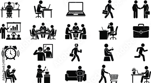 Collection of diverse business and lifestyle icons illustrating daily office activities and personal routines for presentations